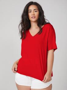 SHEIN BASICS Áo thun Plus size màu trơn Giải trí - Đỏ - Xem 4