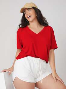 SHEIN BASICS Áo thun Plus size màu trơn Giải trí - Đỏ - Xem 5