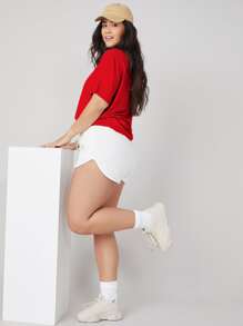 SHEIN BASICS Áo thun Plus size màu trơn Giải trí - Đỏ - Xem 6