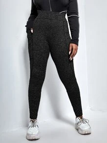 SHEIN EZwear 大碼拼接車縫貼布口袋緊身褲 - 黑色 - 查看 4