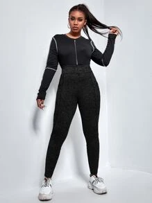 SHEIN EZwear 大碼拼接車縫貼布口袋緊身褲 - 黑色 - 查看 5