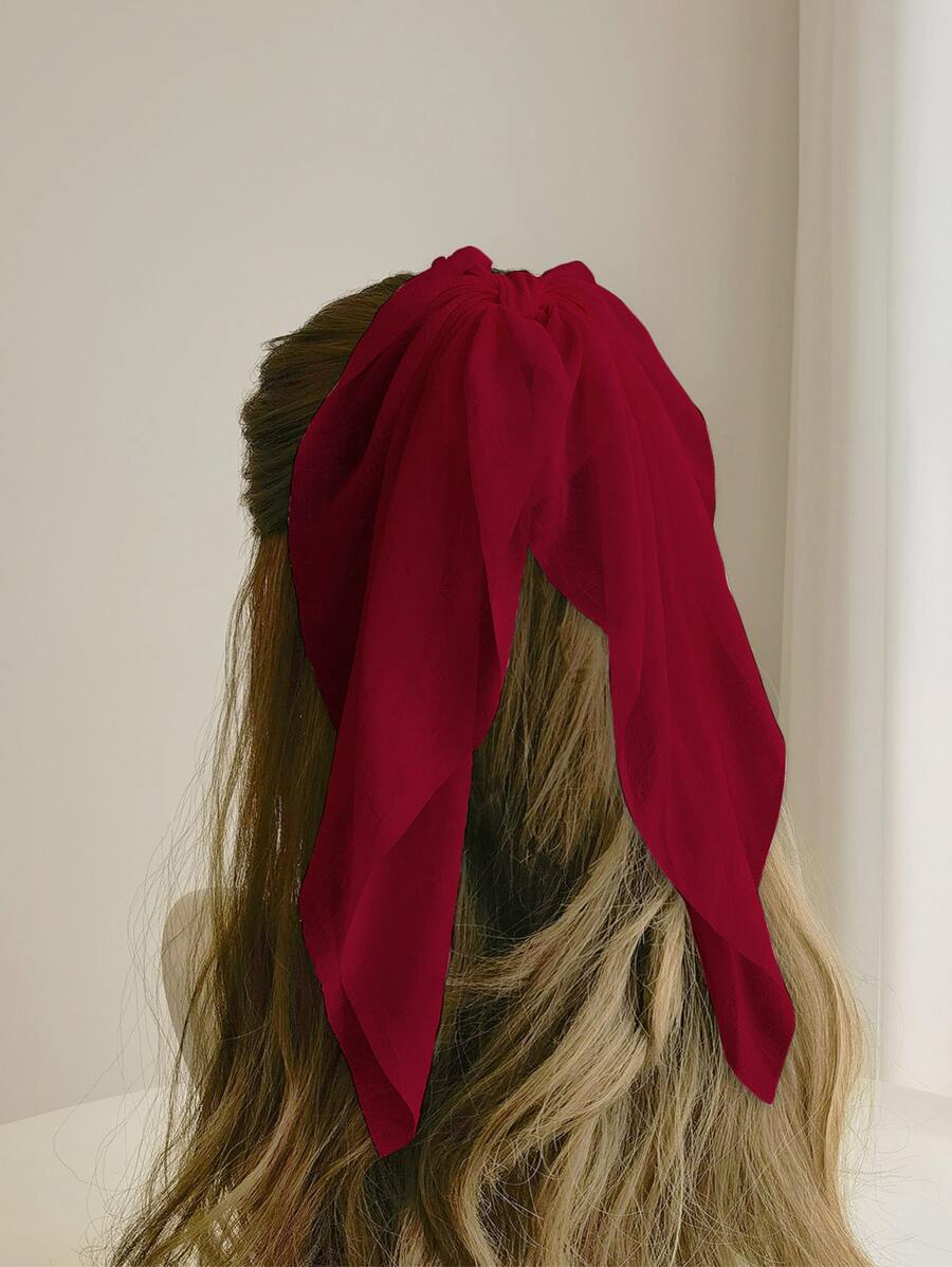 1pc Red Chiffon Ribbon Hair Scrunchie, Soft & Casual For Daily Use, Photo Shoots, Vacation Hair Ties Ponytail Holders Hair Elastics Hair Rubber Bands Scrunchies Hair Rope Elastic Hair Tie, Hair Bobbles Hair Accessories Head Accessories Elastic Band - Burgundy - View 1
