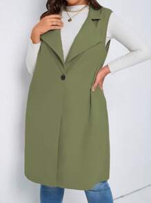 SHEIN LUNE Plus Lapel Neck Single Button Vest Coat - Olive Green - View 3