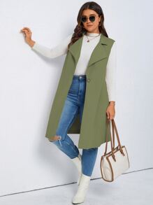 SHEIN LUNE Plus Lapel Neck Single Button Vest Coat - Olive Green - View 4