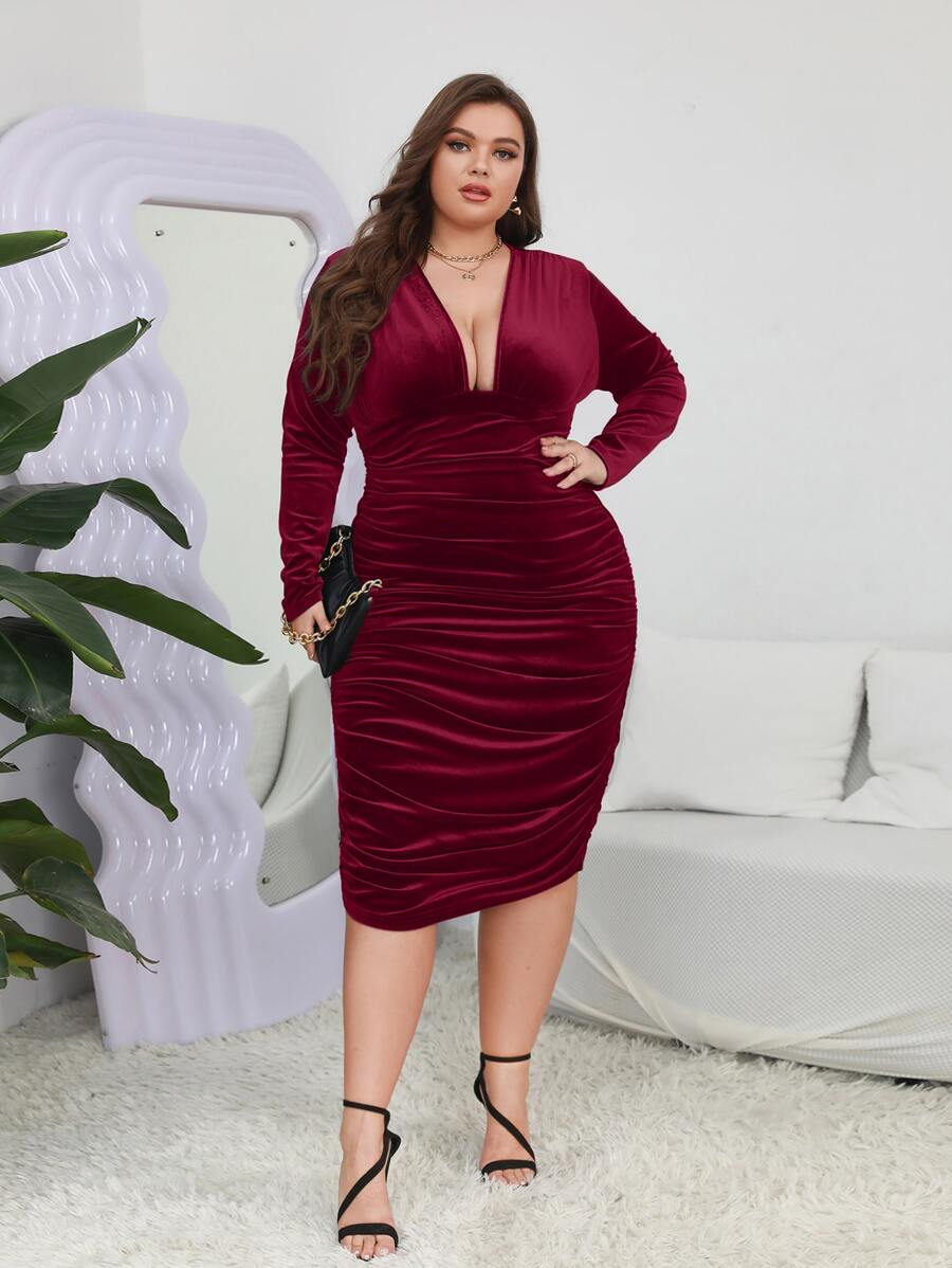 SHEIN Belle Váy bó sát nhung xếp nếp màu đỏ tía - Màu Đỏ Sâu - Xem 1