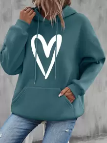 SHEIN LUNE Capucha con estampado de corazón con bolsillo de canguro de hombros caídos con cordón - Agua verde azul - Ver 1