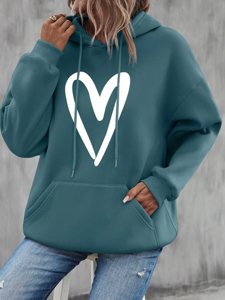 SHEIN LUNE Capucha con estampado de corazón con bolsillo de canguro de hombros caídos con cordón - Agua verde azul - Ver 1