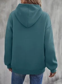 SHEIN LUNE Capucha con estampado de corazón con bolsillo de canguro de hombros caídos con cordón - Agua verde azul - Ver 2