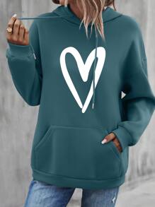 SHEIN LUNE Capucha con estampado de corazón con bolsillo de canguro de hombros caídos con cordón - Agua verde azul - Ver 4