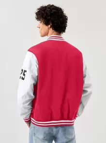 Manfinity VCAY Men's Loose Fit Letter Print Varsity Jacket With Striped Trim, For Fall Winter - Red - View 2