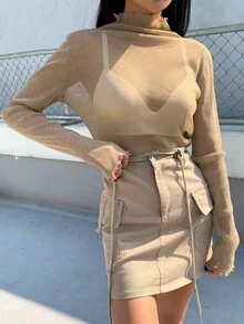 DAZY Lettuce Trim Mock Neck Mesh Top Without Bra Long Sleeve - Khaki - View 2