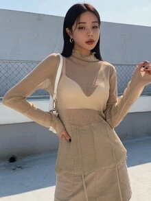 DAZY Lettuce Trim Mock Neck Mesh Top Without Bra Long Sleeve - Khaki - View 7