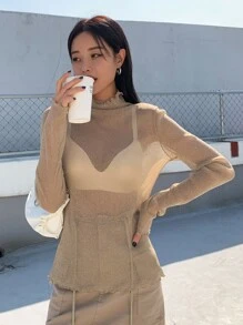 DAZY Lettuce Trim Mock Neck Mesh Top Without Bra Long Sleeve - Khaki - View 4