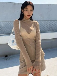 DAZY Lettuce Trim Mock Neck Mesh Top Without Bra Long Sleeve - Khaki - View 5