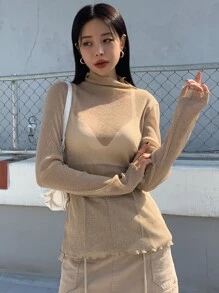 DAZY Lettuce Trim Mock Neck Mesh Top Without Bra Long Sleeve - Khaki - View 1