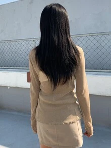 DAZY Lettuce Trim Mock Neck Mesh Top Without Bra Long Sleeve - Khaki - View 9