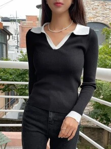 DAZY 秋冬商务休闲风格拼色领修身毛衣、长袖上衣、秋季女装