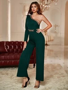 Double Crazy Mono de pierna ancha de un hombro con diseño de cadena - Verde Oscuro - Ver 5