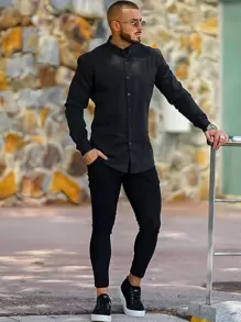 Men Solid Slant Pocket Skinny Pants, Fall - Black - View 3