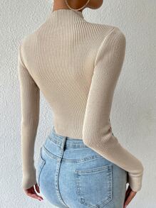 Chiquease Mock Neck Rib-knit Crop Jumper - Khaki - View 2