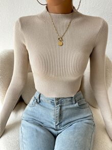 Chiquease Mock Neck Rib-knit Crop Jumper - Khaki - View 3