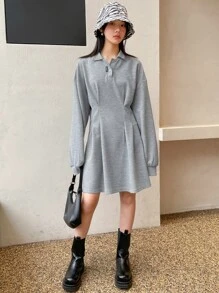 DAZY Đầm cổ polo trễ vai đính chữ có chi tiết - Màu Xám nhạt - Xem 5