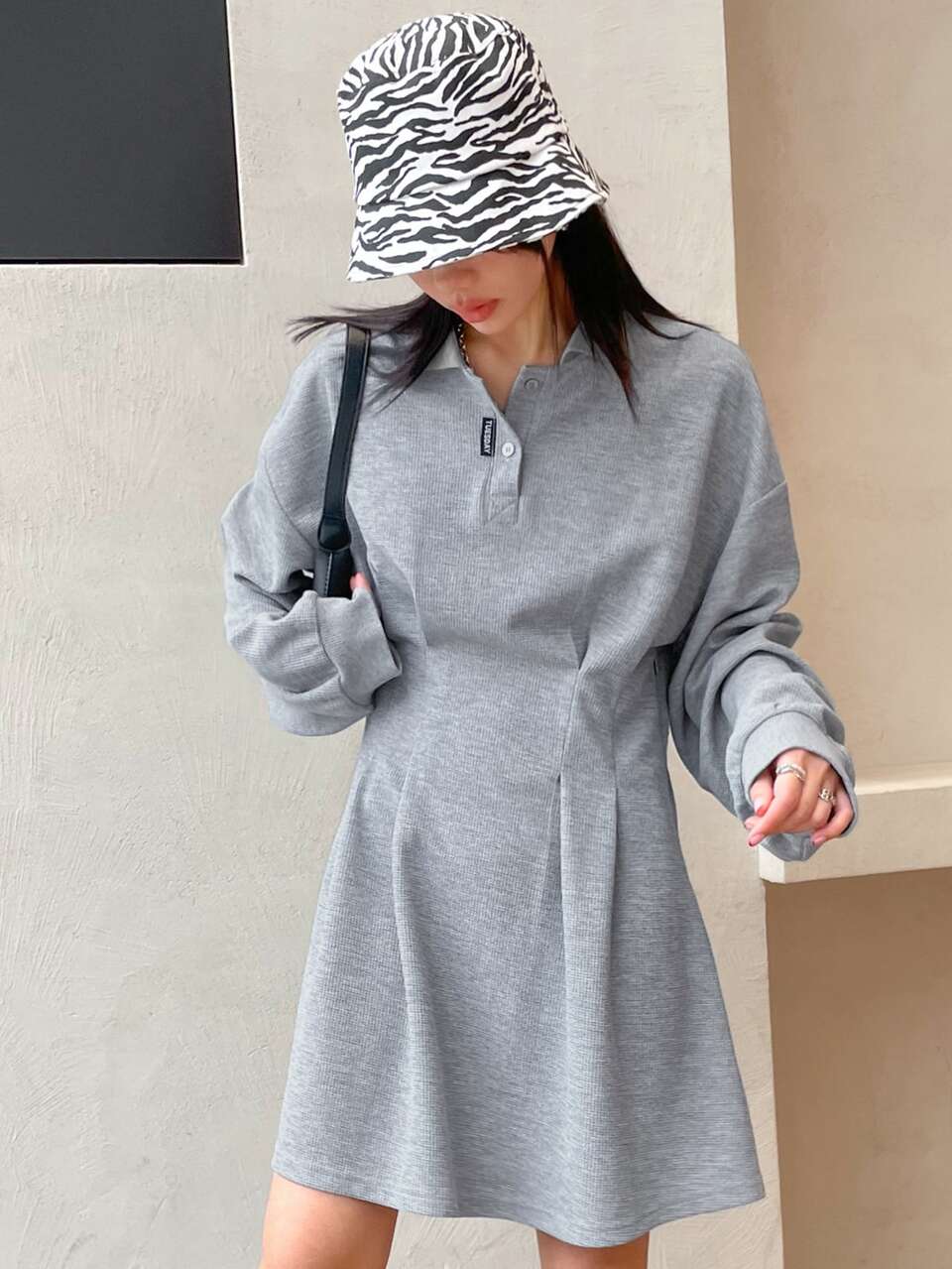 Letter Patched Detail Drop Shoulder Polo Neck Dress