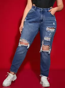 SHEIN ICON Plus High Waist Ripped Cut Out Mom Fit Jeans - Dark Wash - View 1