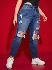 SHEIN ICON Plus High Waist Ripped Cut Out Mom Fit Jeans - Dark Wash - View 3