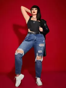 SHEIN ICON Plus High Waist Ripped Cut Out Mom Fit Jeans - Dark Wash - View 4