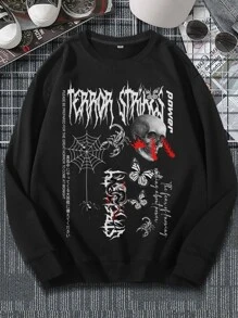 ROMWE MEN Goth Guys Letter Butterfly & Skull Graphic Sweatshirt - Black - View 1