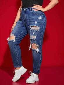 SHEIN ICON Plus High Waist Ripped Cut Out Mom Fit Jeans - Dark Wash - View 5