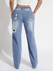 SHEIN SXY Ripped Straight Leg Jeans - Light Wash - View 2