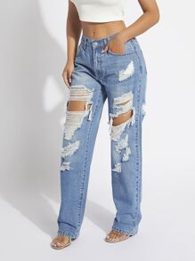 SHEIN SXY Ripped Straight Leg Jeans - Light Wash - View 1