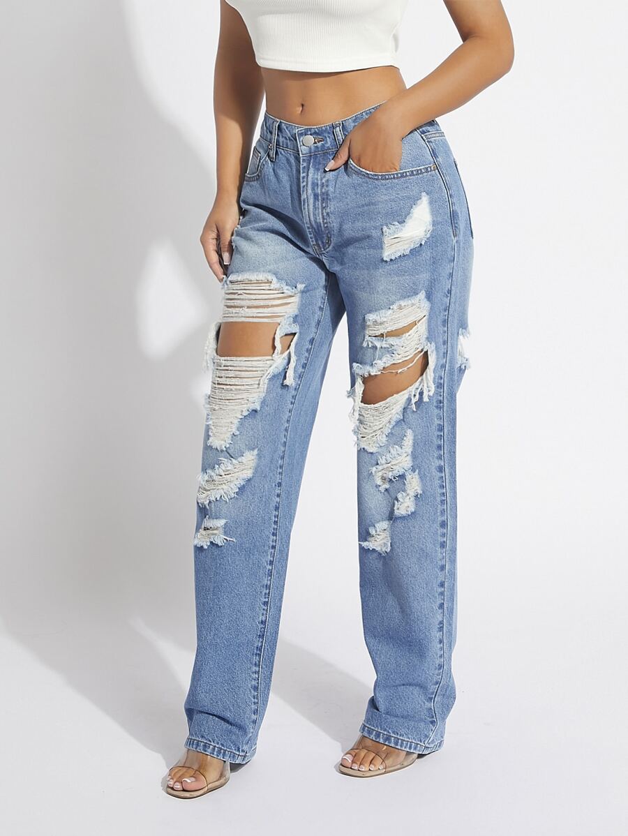 SHEIN SXY Ripped Straight Leg Jeans - Light Wash - View 1