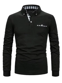 Men Plaid Trim Polo Shirt - Black - View 3