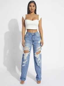 SHEIN SXY Ripped Straight Leg Jeans - Light Wash - View 6