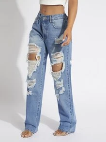 SHEIN SXY Ripped Straight Leg Jeans - Light Wash - View 3