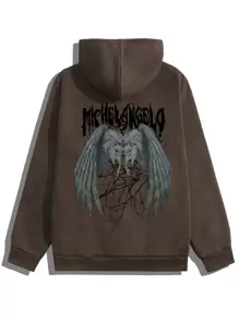 ROMWE MEN Goth Nam Lá thư & In Cánh Túi kangaroo Dây rút Áo hoodie ấm áp - Cà phê nâu - Xem 1