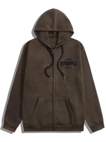 ROMWE MEN Goth Nam Lá thư & In Cánh Túi kangaroo Dây rút Áo hoodie ấm áp - Cà phê nâu - Xem 2