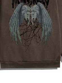 ROMWE MEN Goth Nam Lá thư & In Cánh Túi kangaroo Dây rút Áo hoodie ấm áp - Cà phê nâu - Xem 3