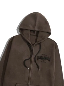 ROMWE MEN Goth Nam Lá thư & In Cánh Túi kangaroo Dây rút Áo hoodie ấm áp - Cà phê nâu - Xem 4