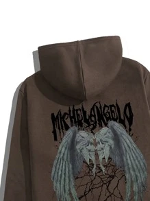 ROMWE MEN Goth Nam Lá thư & In Cánh Túi kangaroo Dây rút Áo hoodie ấm áp - Cà phê nâu - Xem 5