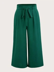 SHEIN EZwear 大碼高腰腰帶闊腿褲 - 墨綠色 - 查看 1