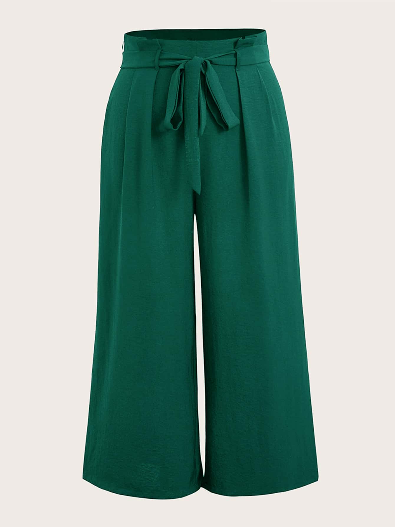 SHEIN EZwear 大碼高腰腰帶闊腿褲 - 墨綠色 - 查看 1