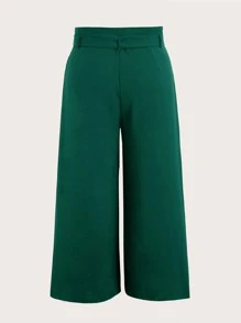 SHEIN EZwear 大碼高腰腰帶闊腿褲 - 墨綠色 - 查看 2