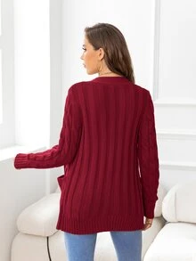 DEARCASE Cable Knit Pocket Patched Cardigan - Maroon - View 2