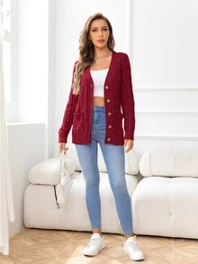 DEARCASE Cable Knit Pocket Patched Cardigan - Maroon - View 3