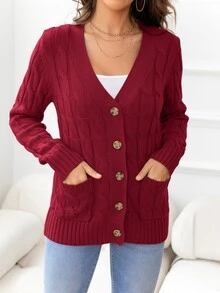 DEARCASE Cable Knit Pocket Patched Cardigan - Maroon - View 5