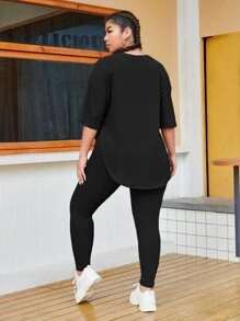 SHEIN EZwear Bộ thời trang Plus Size Gân đan màu trơn Giải trí - màu đen - Xem 2